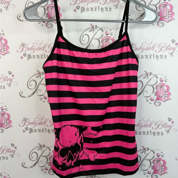 Tops - Tank top Y2K skull stripes candy Pink and Black Striped Tank Top Skull Design